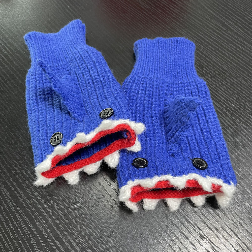 Warme Halbfinger-Strickhandschuhe mit Cartoon-grauem Hai