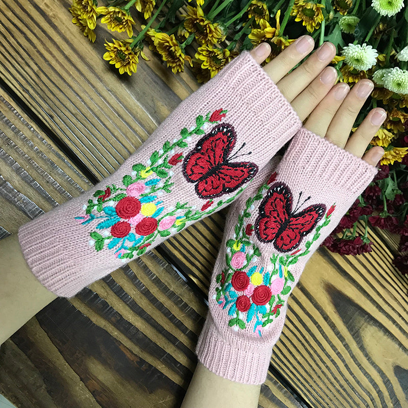 Guantes de punto largos y cálidos con diseño floral de mariposa