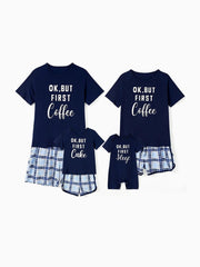 Conjunto de pantalones cortos a juego para toda la familia con estampado de letras "Vale, pero primero, café"