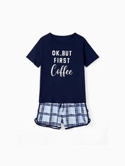 Conjunto de pantalones cortos a juego para toda la familia con estampado de letras "Vale, pero primero, café"