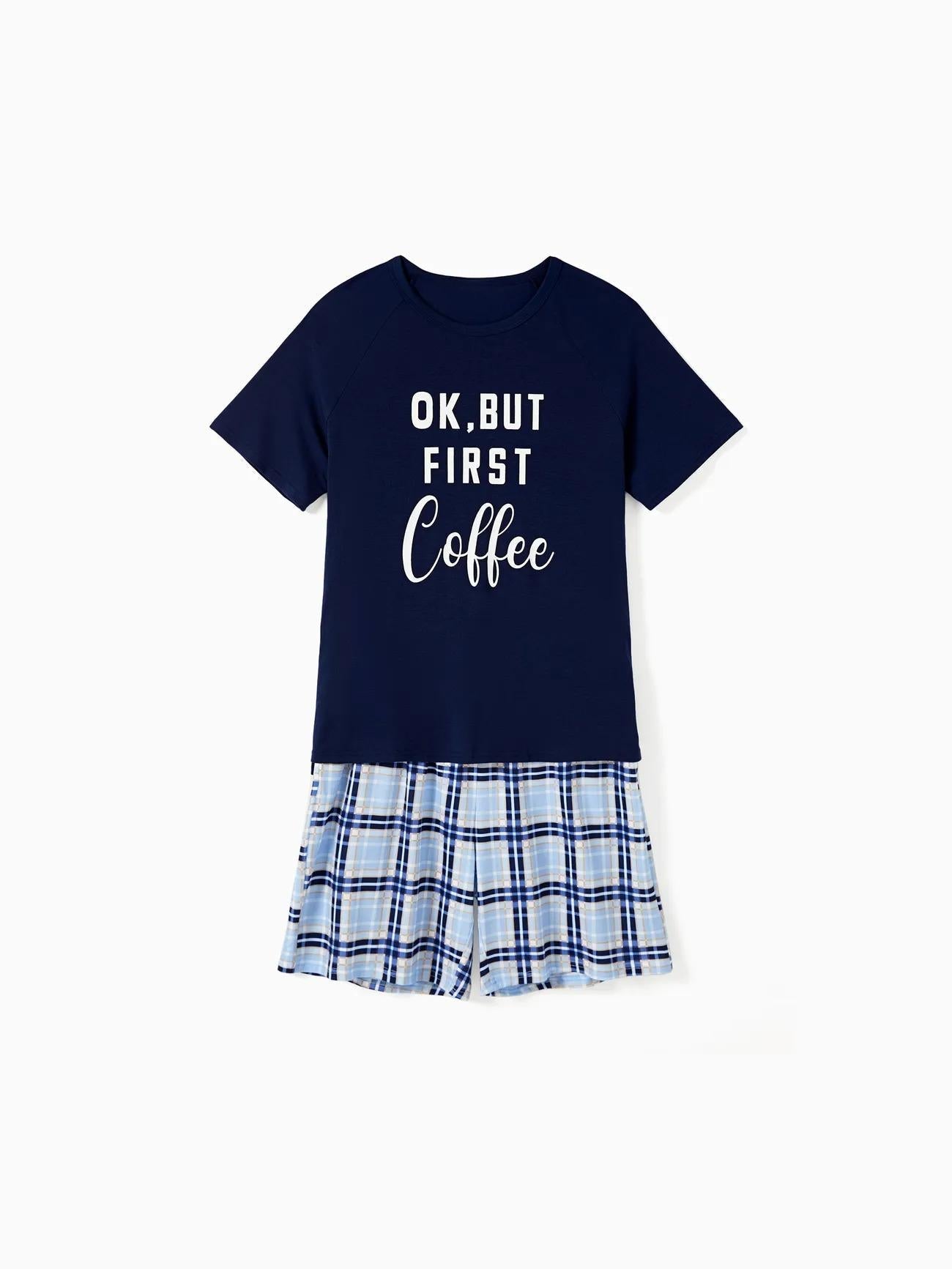 Conjunto de pantalones cortos a juego para toda la familia con estampado de letras "Vale, pero primero, café"