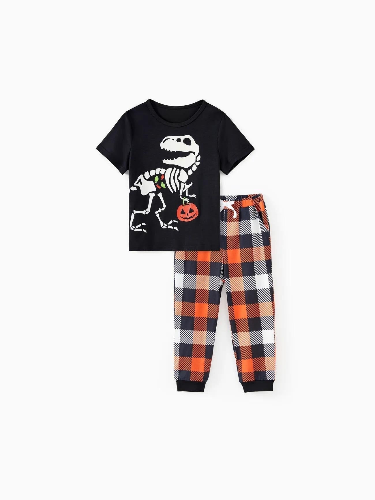 Passendes Halloween-Familien-Pyjama-Set mit im Dunkeln leuchtendem Dinosaurier-Design 