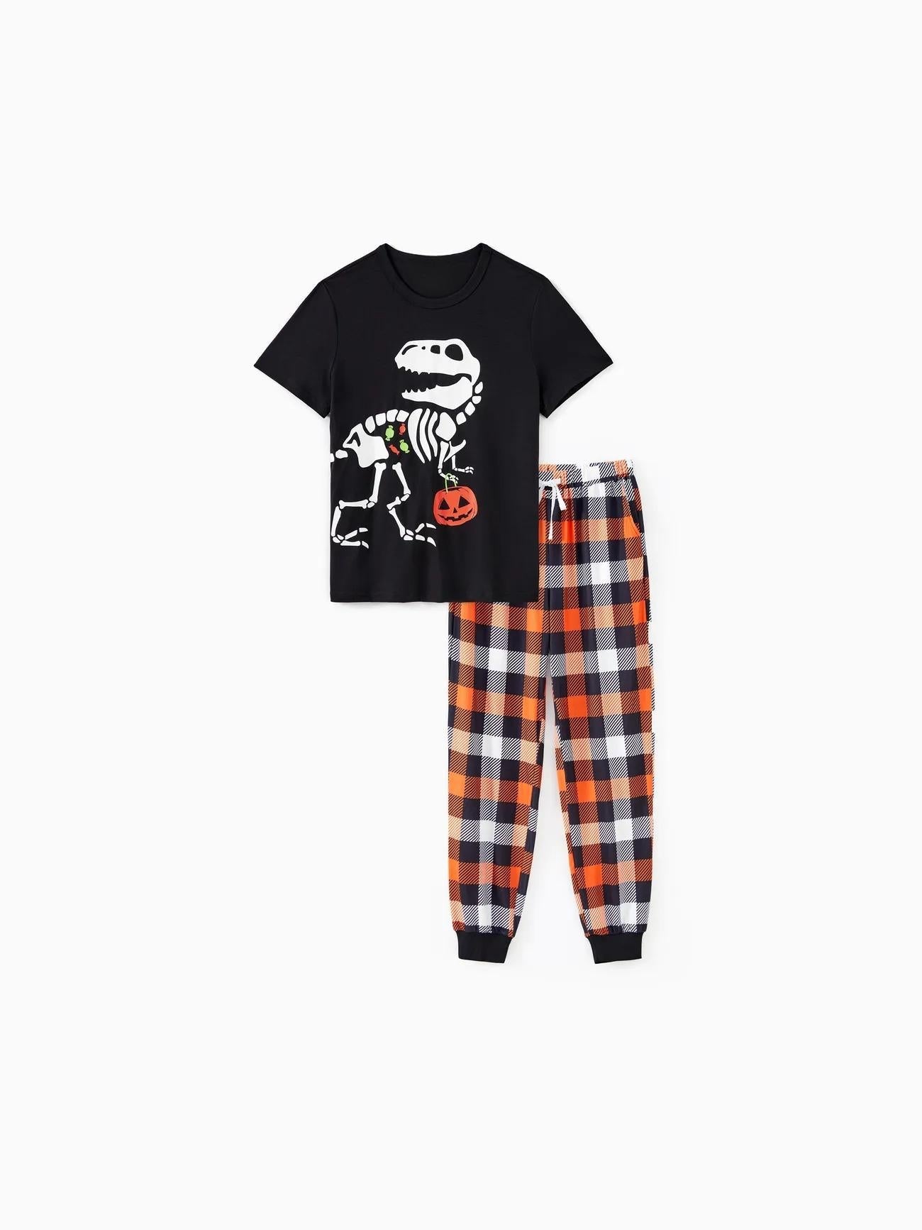 Passendes Halloween-Familien-Pyjama-Set mit im Dunkeln leuchtendem Dinosaurier-Design 