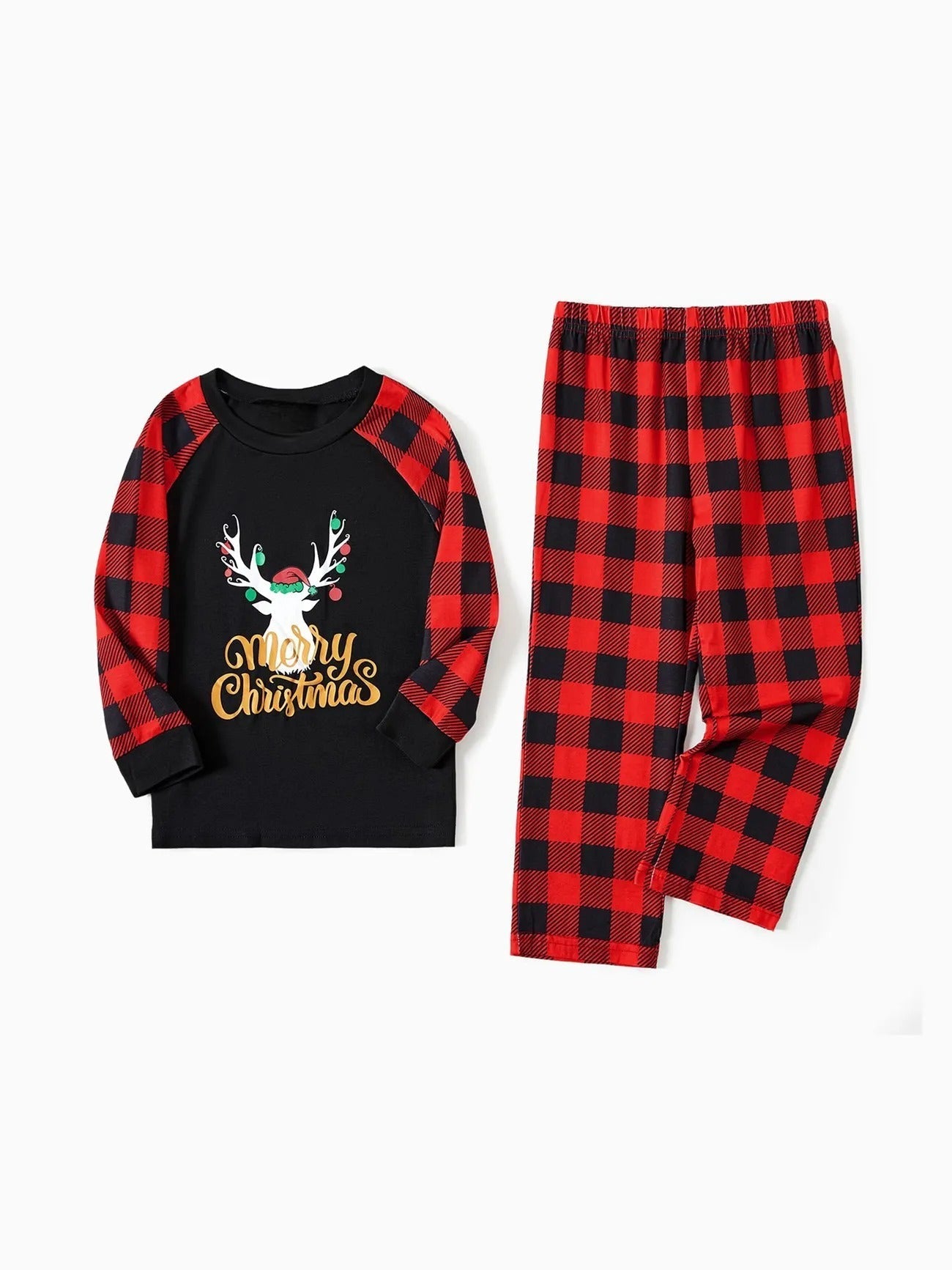 Conjunto de pijama familiar a juego con estampado de cuadros y Feliz Navidad