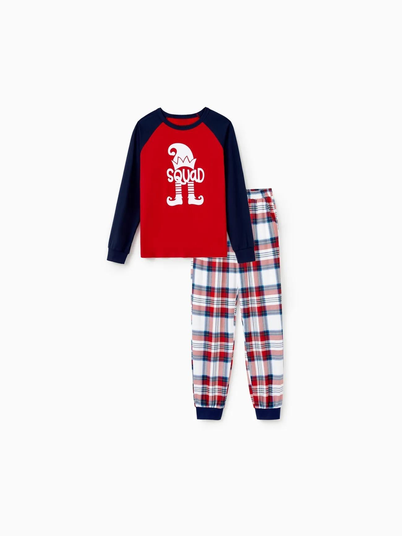 Conjunto de pijama familiar de Navidad con top raglán y cuadros escoceses con estampado de elfos 