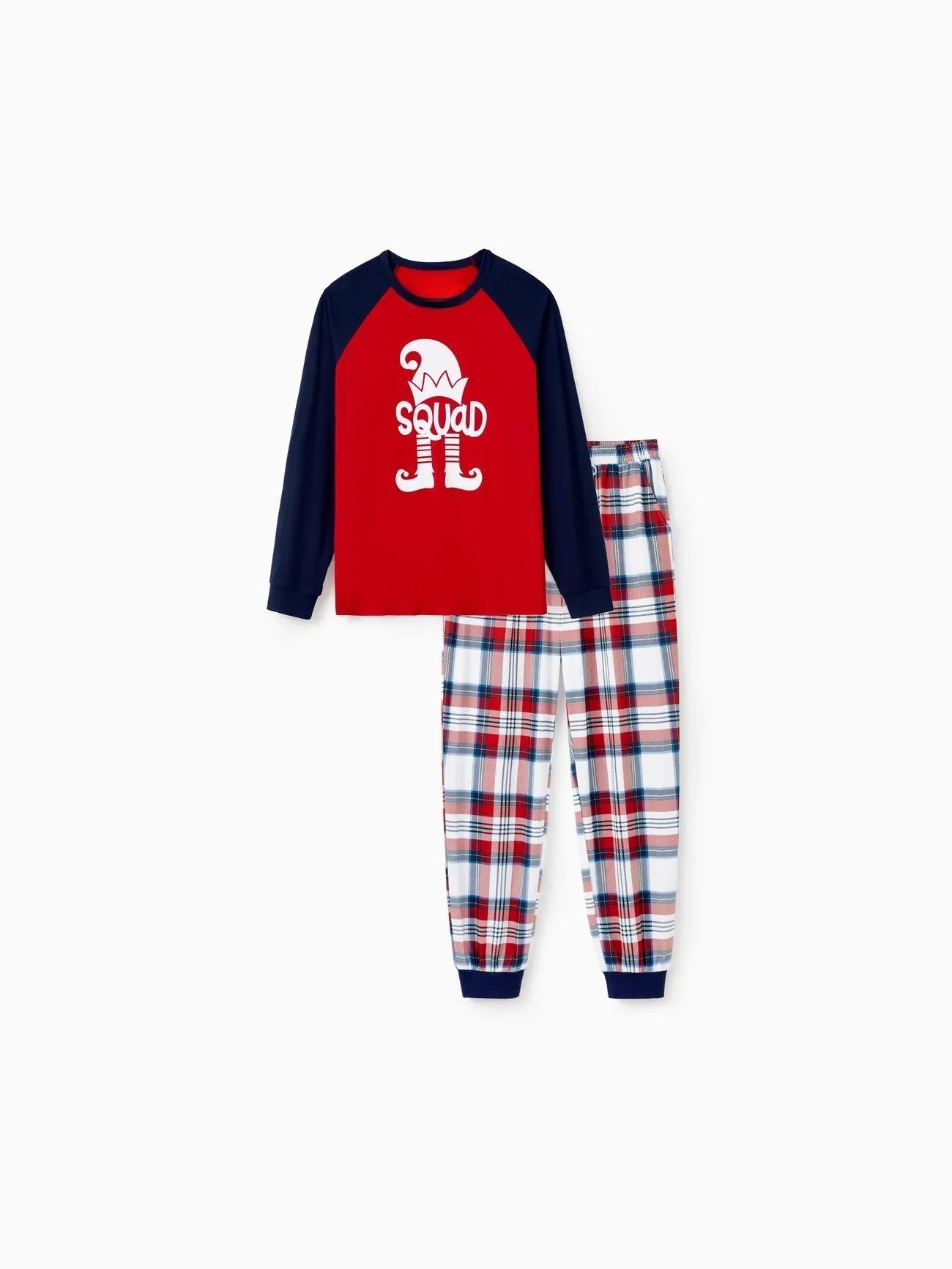 Conjunto de pijama familiar de Navidad con top raglán y cuadros escoceses con estampado de elfos 