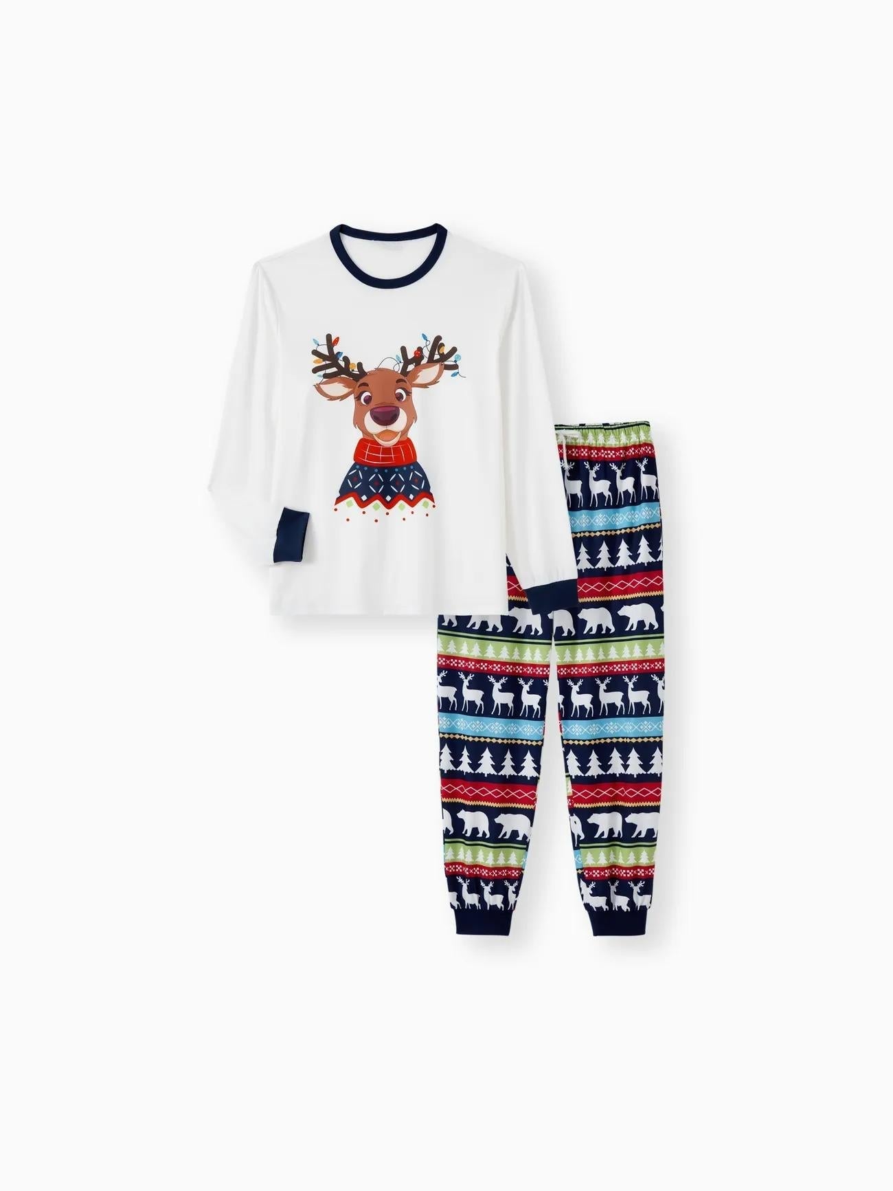 Passendes Familien-Pyjama-Set mit Rentier-Grafikdruck und Taschen