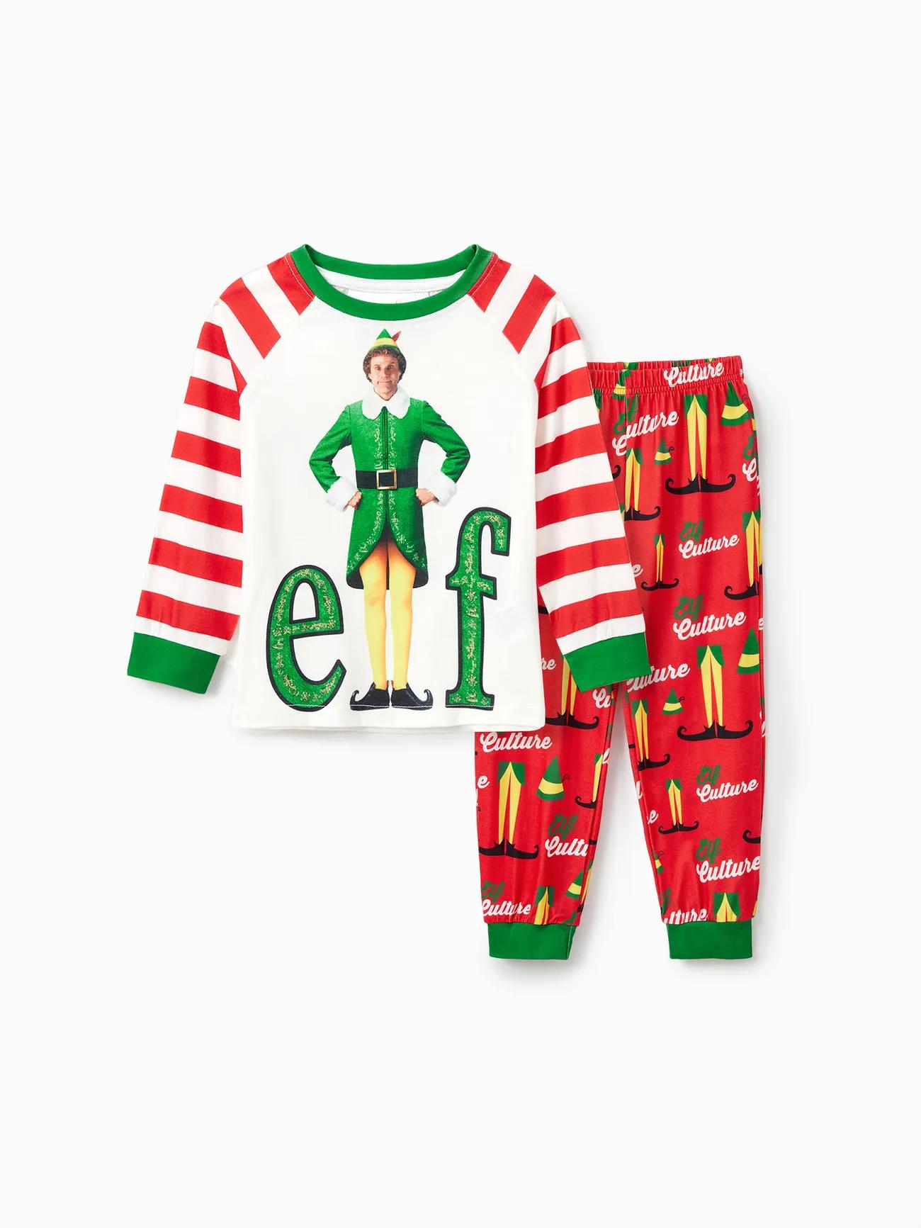 Conjunto de pijama a rayas con estampado de elfo navideño a juego para toda la familia 