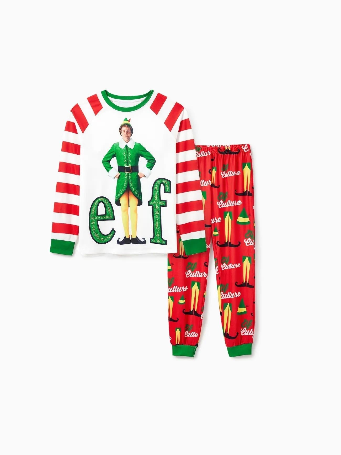 Conjunto de pijama a rayas con estampado de elfo navideño a juego para toda la familia 