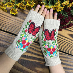 Guantes de punto largos y cálidos con diseño floral de mariposa