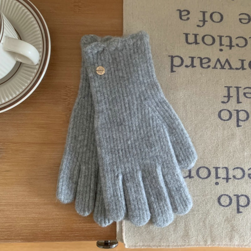 Guantes cálidos de lana con volantes de color liso para mujer en invierno