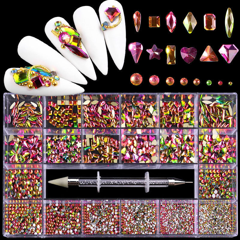 21 Grid Boxed Nail Strass Flachglas Nagel Strass Schmuck Set