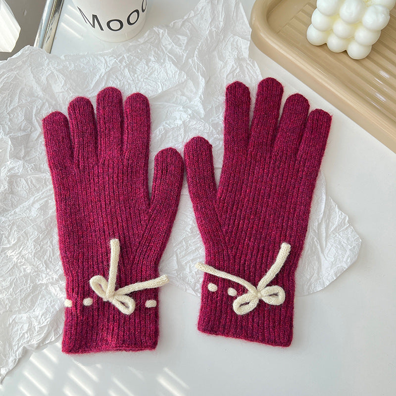 Autumn And Winter Bow Pure Color Warm Keeping Finger Gloves