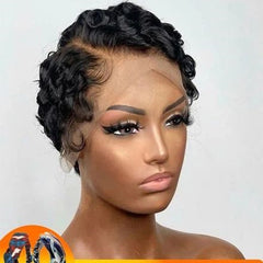 Peluca Bob con corte Pixie, ondas profundas y frontal de cabello humano H Air T
