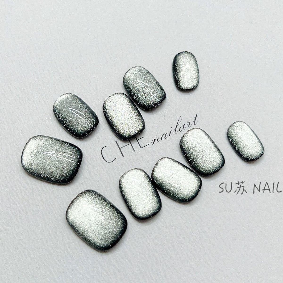 Uñas de ojo de gato verde oscuro Belleza UV Cuadrado Círculo Corto