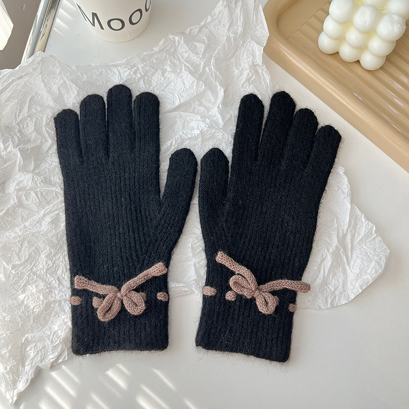 Autumn And Winter Bow Pure Color Warm Keeping Finger Gloves