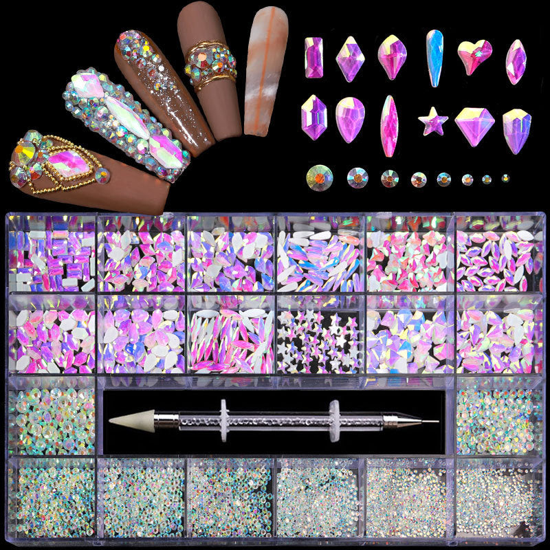 21 Grid Boxed Nail Strass Flachglas Nagel Strass Schmuck Set