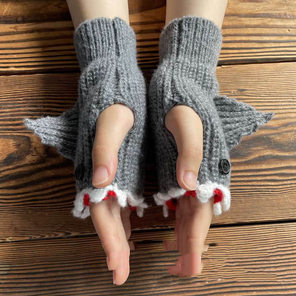 Guantes de punto cálidos de medio dedo con diseño de tiburón gris de dibujos animados