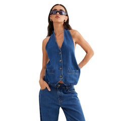 Women's Denim Halter Button-Up Vest