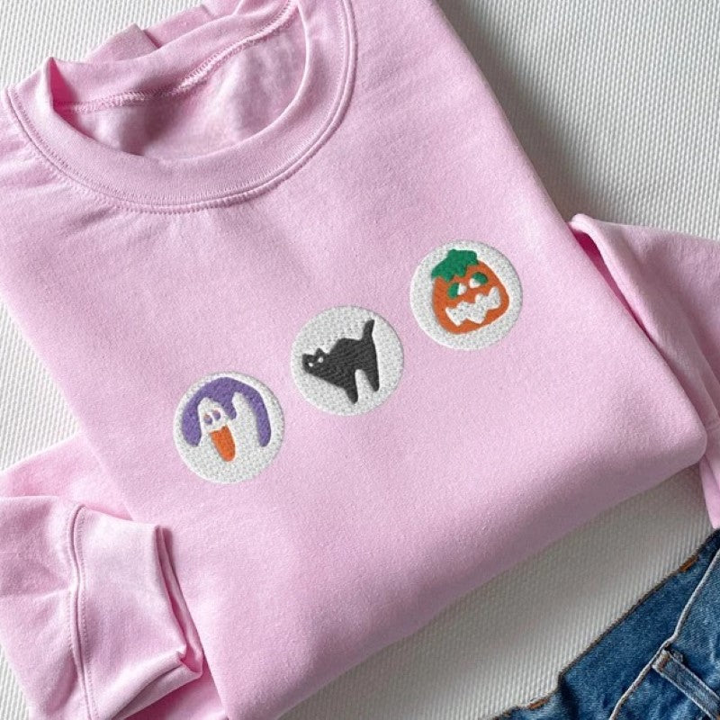 Boo And Pumpkin Embroidered Halloween Sweatshirt