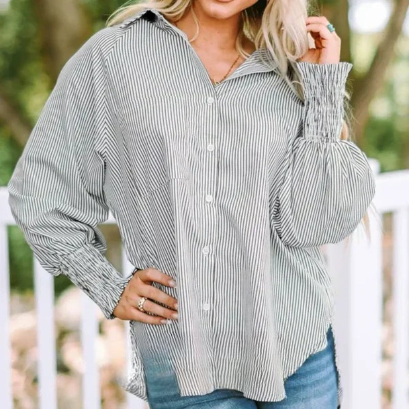 Casual Striped Button Down Shirt With Elastic Cuffs