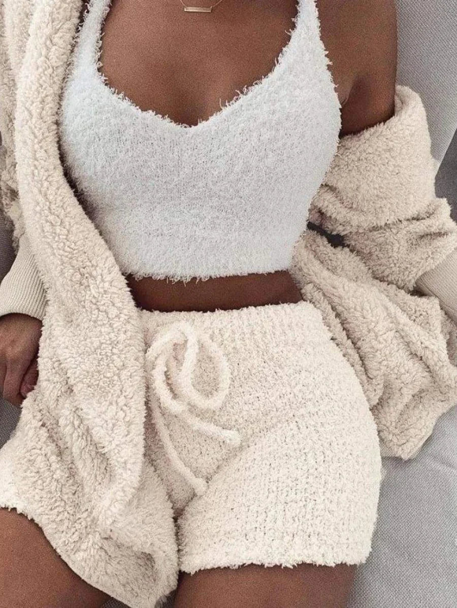 Cozy Knit Sets Crop Top, Shorts, Long Coat