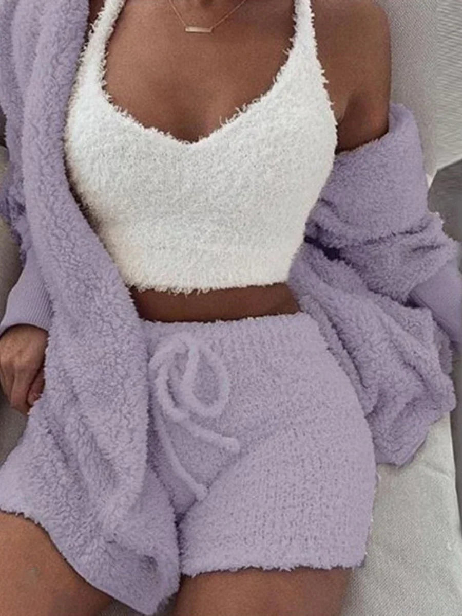 Cozy Knit Sets Crop Top, Shorts, Long Coat