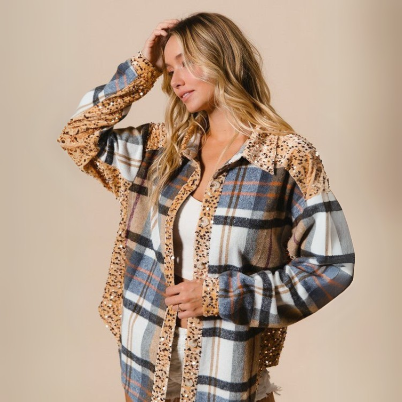 Curved Hem Sequin Plaid Button Up Shacket