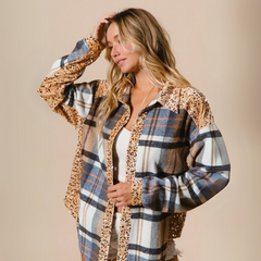 Curved Hem Sequin Plaid Button Up Shacket