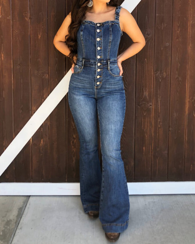 Ausgestellter Jeans-Jumpsuit mit Knopfleiste vorne 