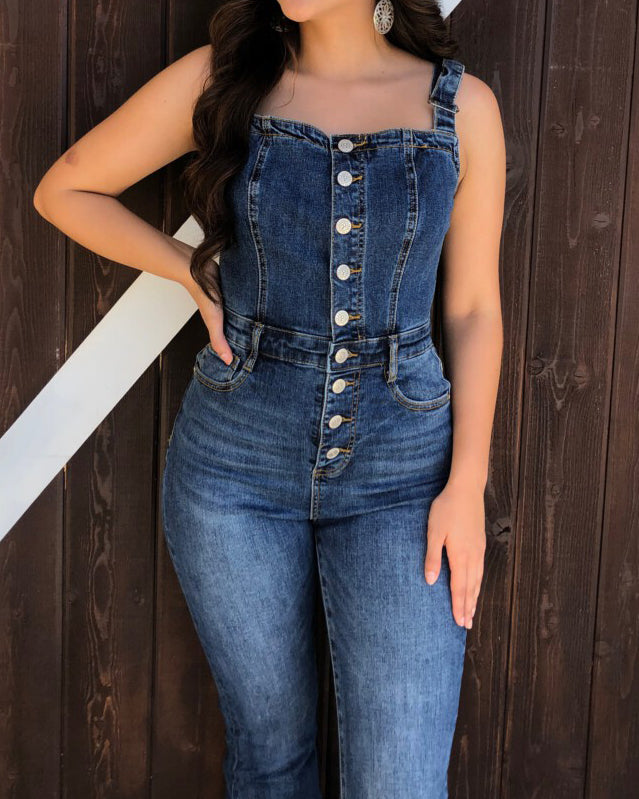 Ausgestellter Jeans-Jumpsuit mit Knopfleiste vorne 