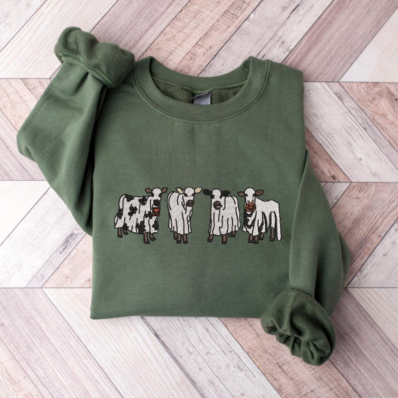 Embroidered Halloween Cow Printed Sweatshirt