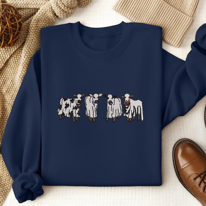 Embroidered Halloween Cow Printed Sweatshirt