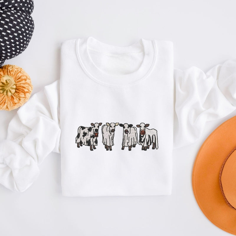 Embroidered Halloween Cow Printed Sweatshirt