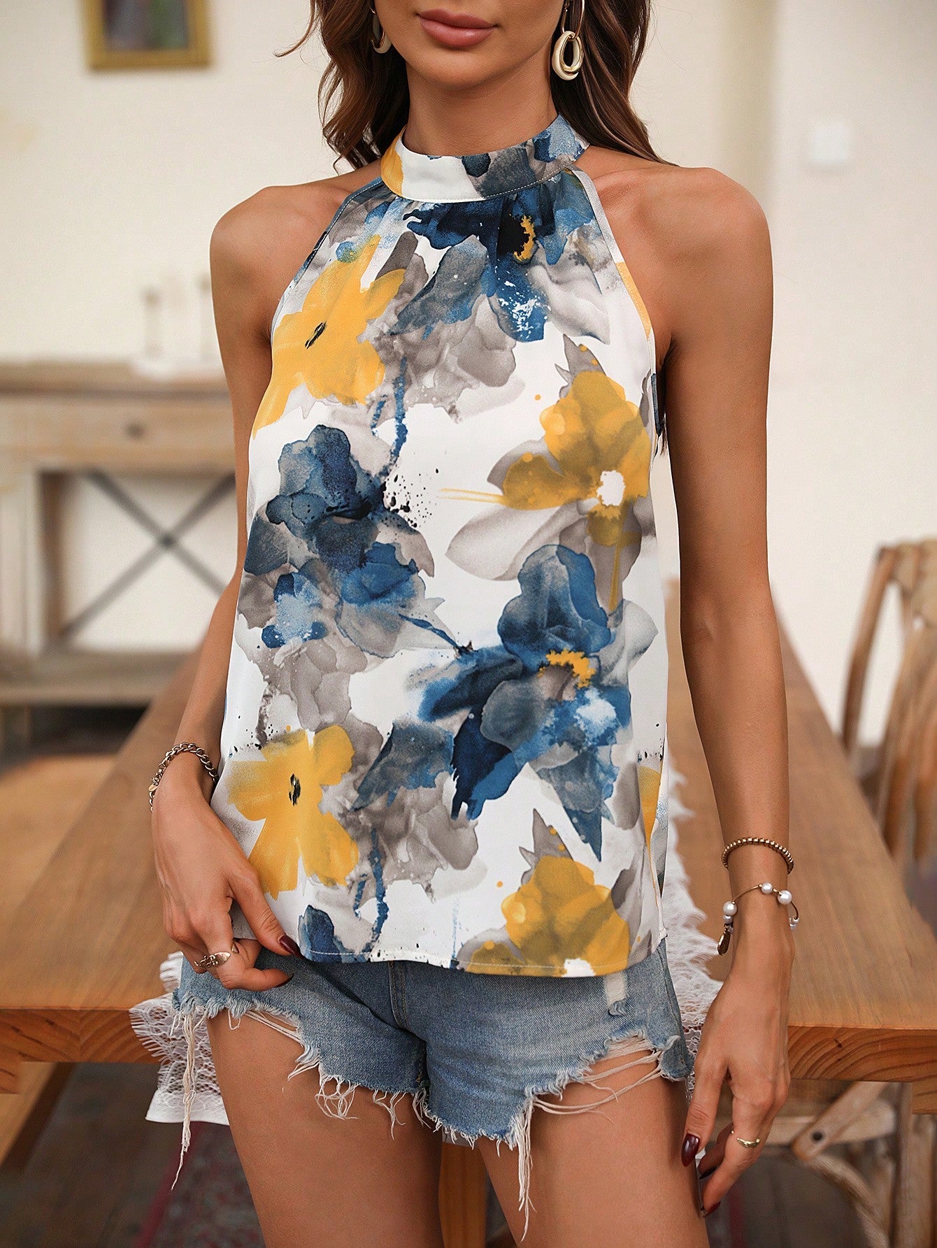 Floral Print Keyhole Halter Blouse