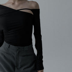 Slant Collar Hollow Long-Sleeved T-shirt
