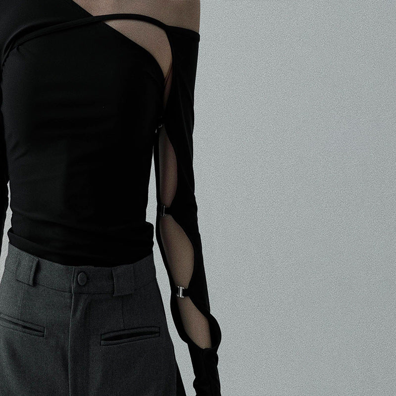 Slant Collar Hollow Long-Sleeved T-shirt