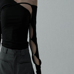 Slant Collar Hollow Long-Sleeved T-shirt