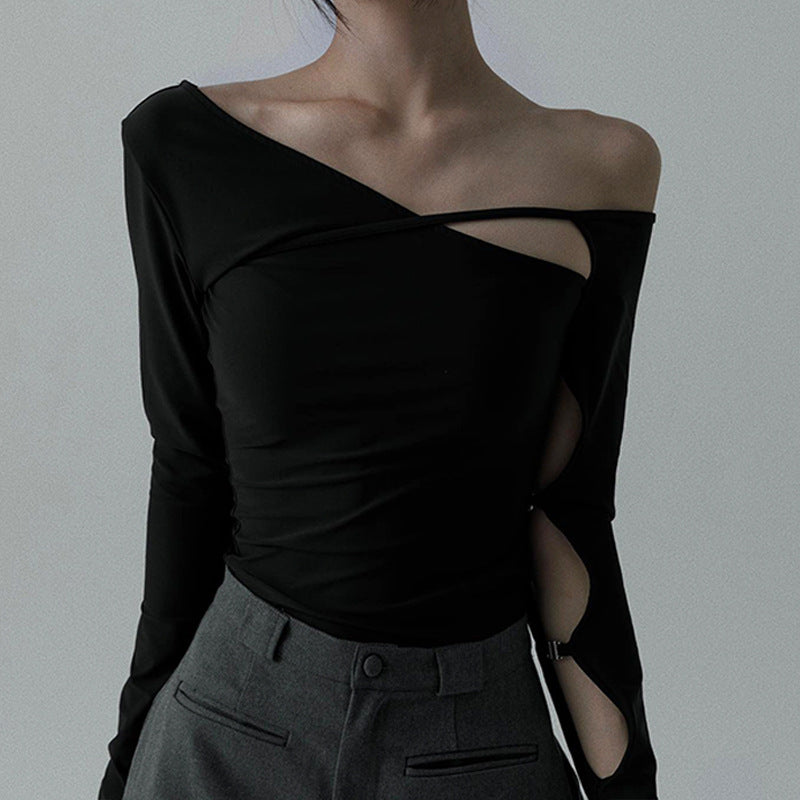 Slant Collar Hollow Long-Sleeved T-shirt