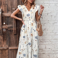 V-Neck High-Waisted Slit Printed Dress By The Ear
