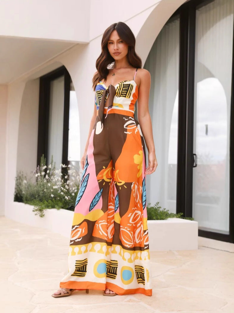 V-Neck Strappy Jumpsuit Straight-Leg Pants
