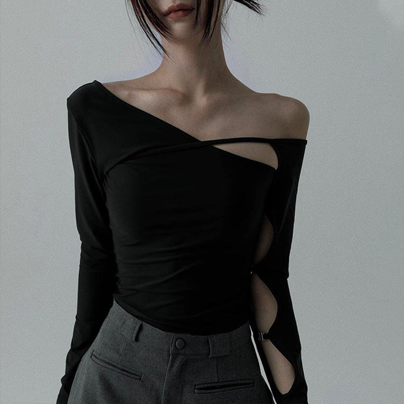 Slant Collar Hollow Long-Sleeved T-shirt