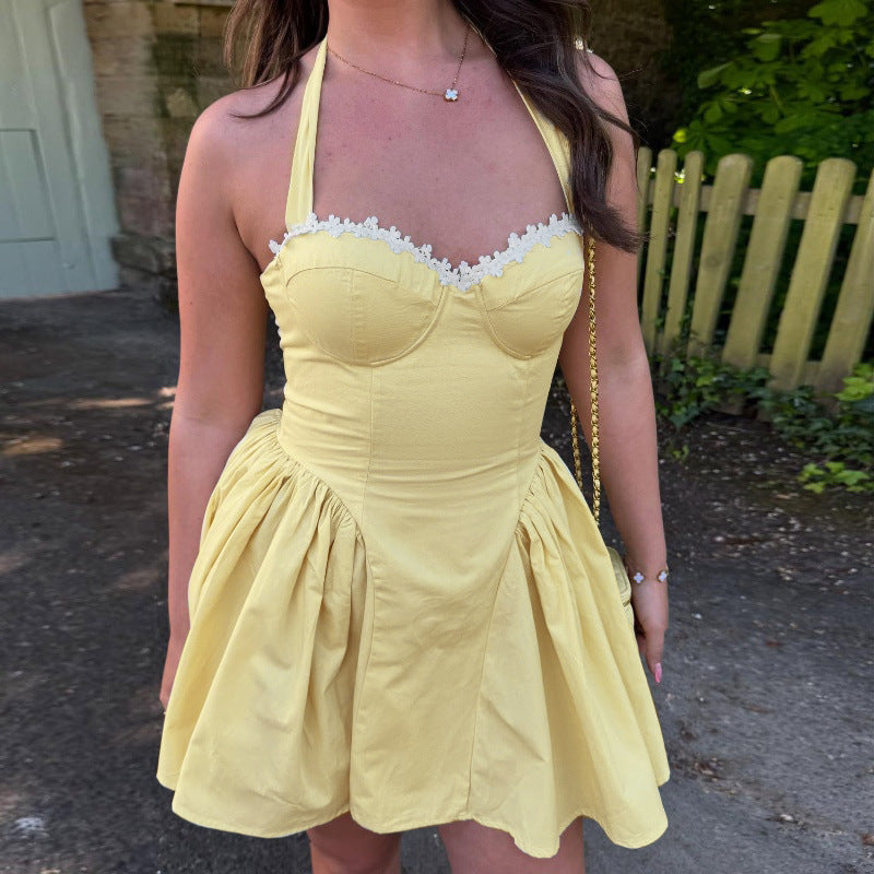 Dopamine One-shoulder Lace Waist Halter Dress