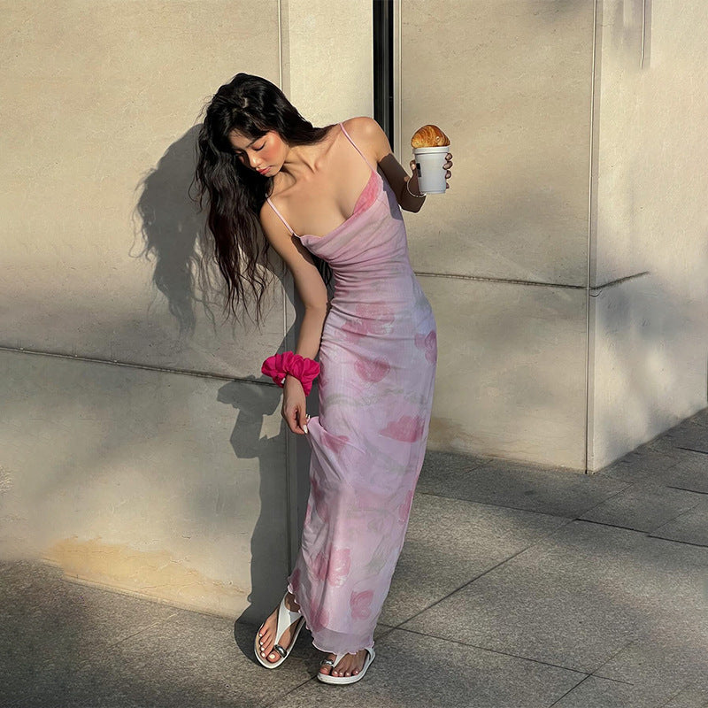 Rose Print Fitted Slip Midi Dress