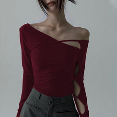 Slant Collar Hollow Long-Sleeved T-shirt