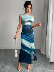 Contrast Color Slim Dress Off-shoulder Long Dress