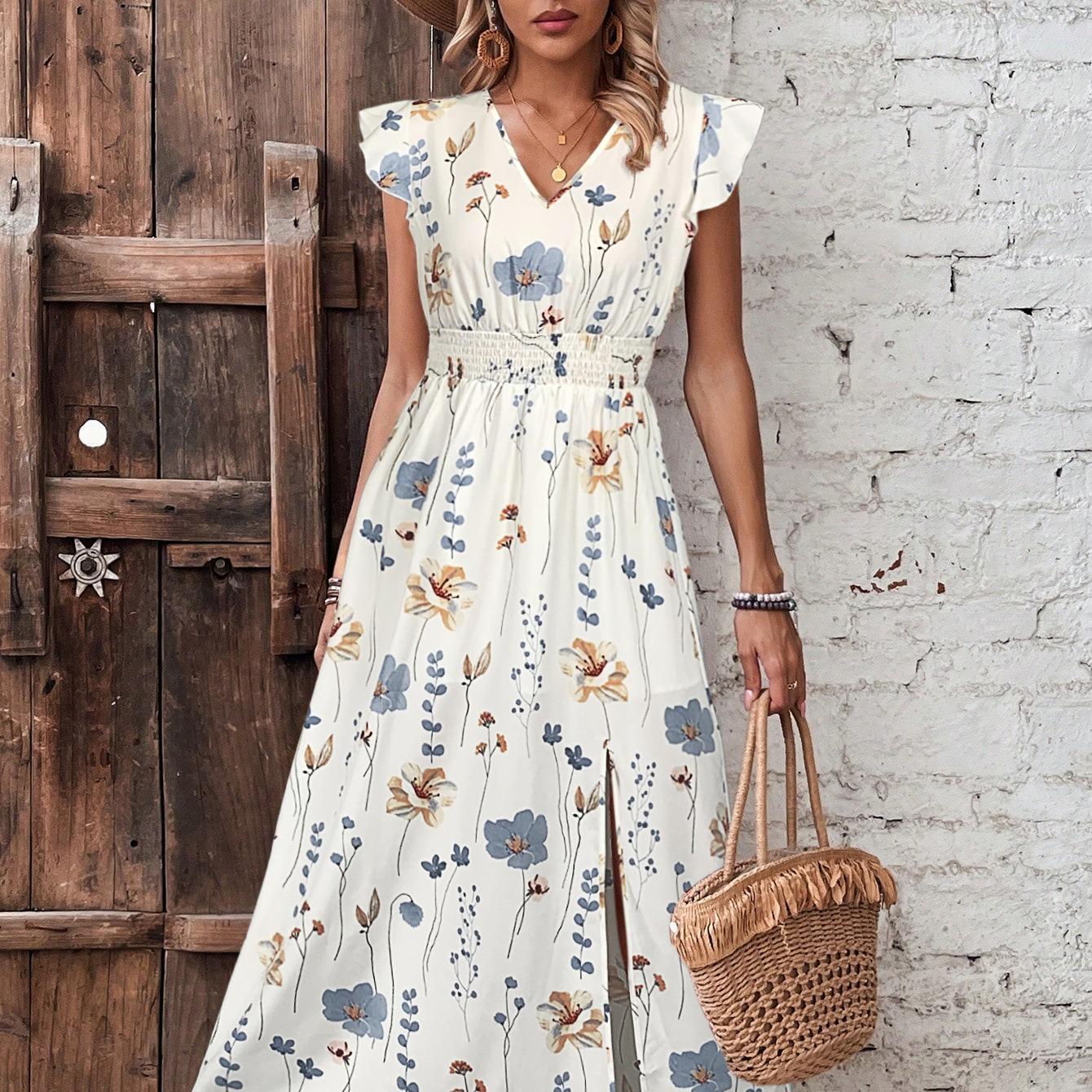 V-Neck High-Waisted Slit Printed Dress By The Ear
