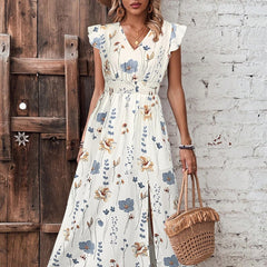 V-Neck High-Waisted Slit Printed Dress By The Ear