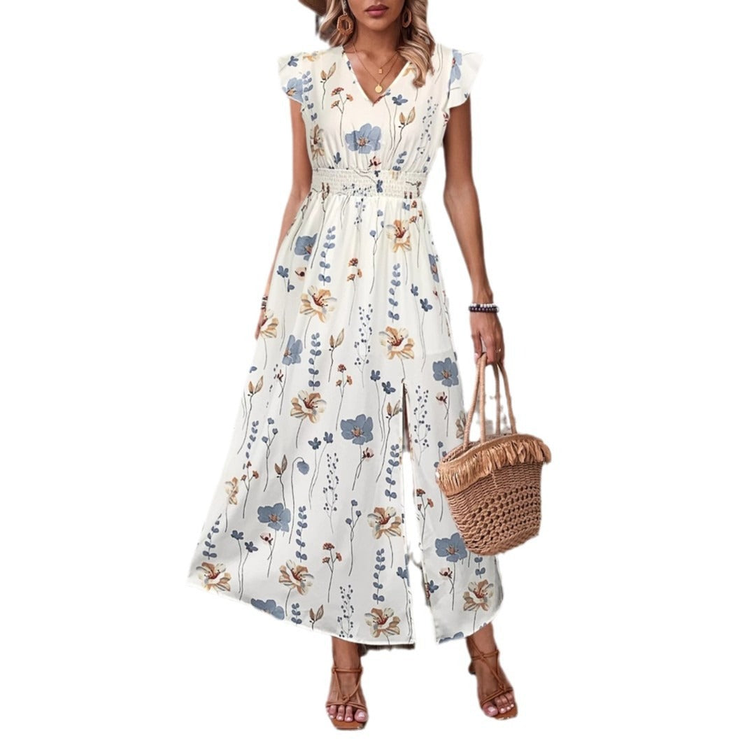 V-Neck High-Waisted Slit Printed Dress By The Ear