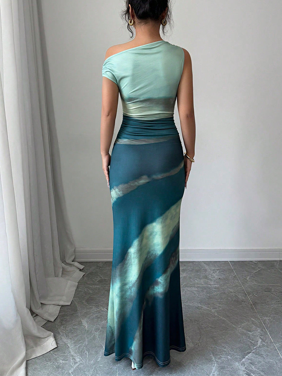 Contrast Color Slim Dress Off-shoulder Long Dress